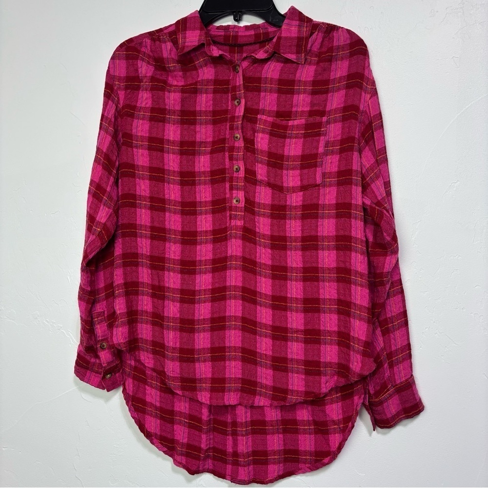Anthropologie XS Women's Plaid Pink Red Flannel Gauze Shirt Button High Low